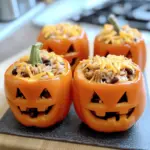 SHREDDED CHICKEN & RICE STUFFED PEPPERS (HALLOWEEN STYLE)