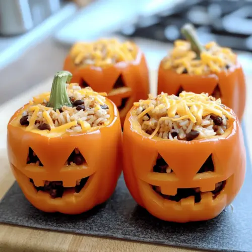 SHREDDED CHICKEN & RICE STUFFED PEPPERS (HALLOWEEN STYLE)