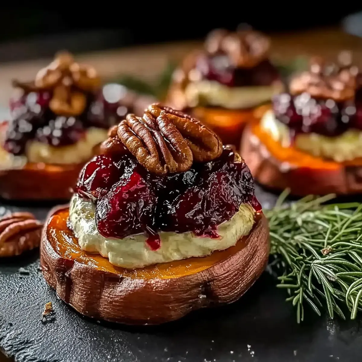 Sweet Potato Rounds with Brie Cranberry and Pecans