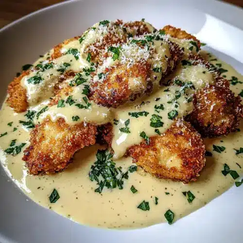 Crispy Parmesan Chicken with Garlic Cream Sauce
