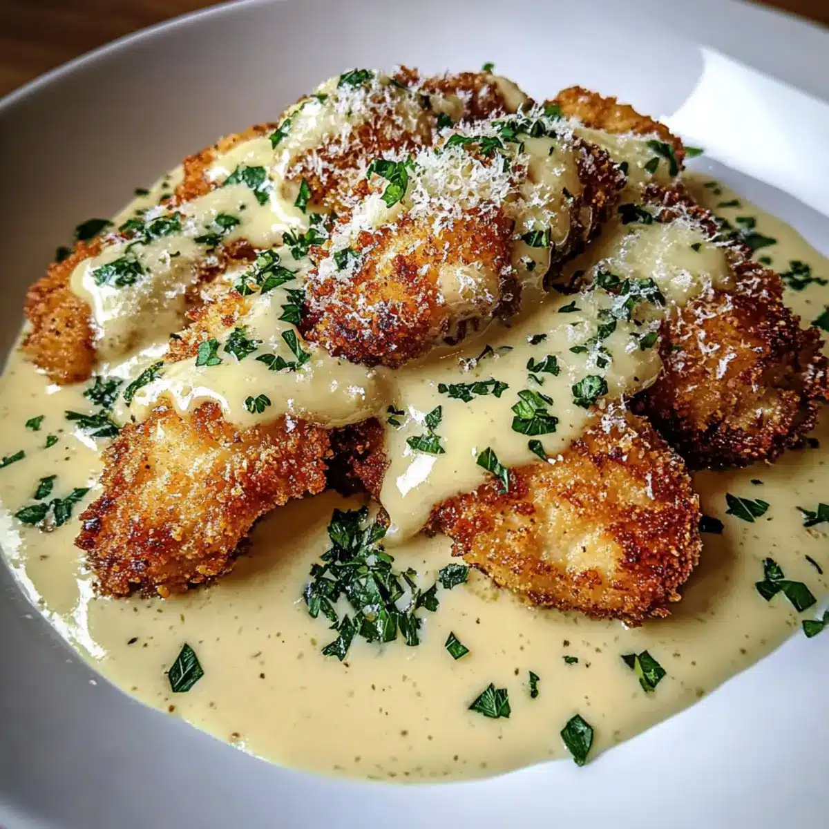Crispy Parmesan Chicken with Garlic Cream Sauce